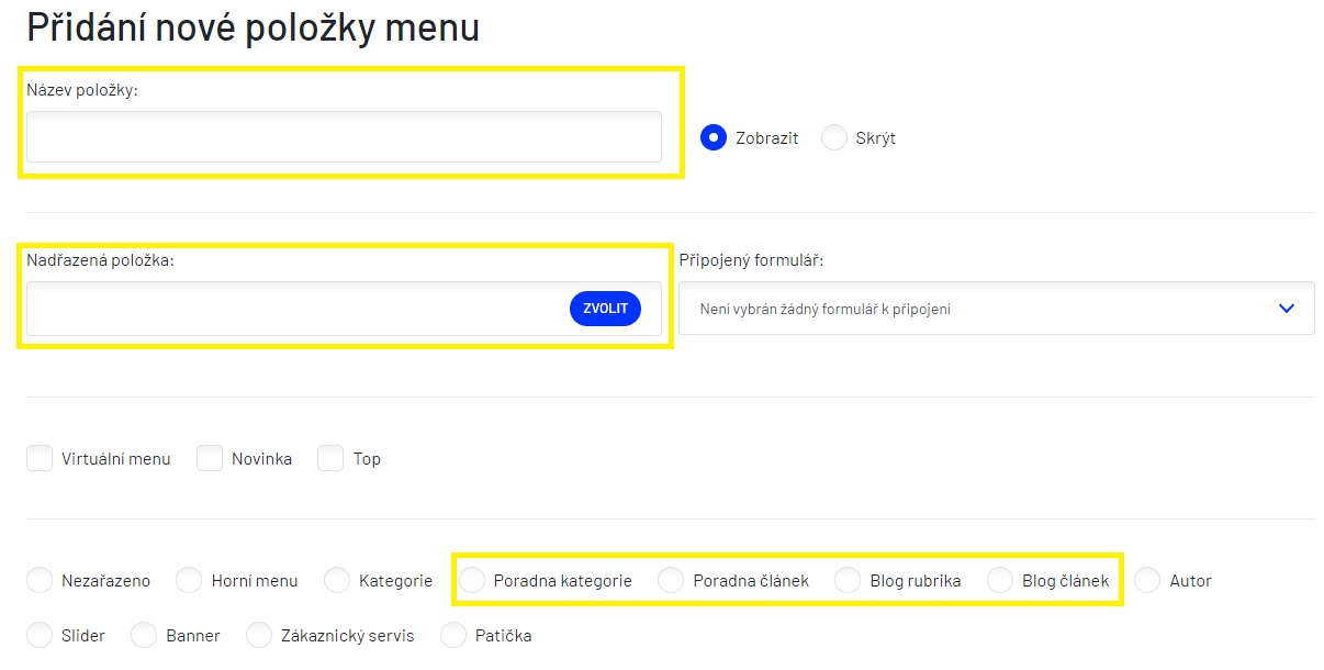 Přidání nové položky